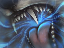 Size: 1280x960 | Tagged: suggestive, artist:velociawesome, canine, mammal, wolf, ambiguous form, ambiguous gender, black nose, bust, close-up, duo, fangs, fur, glowing mouth, mawshot, open mouth, portrait, sharp teeth, solo focus, soul, soul vore, teeth, tongue, tongue out, white body, white fur