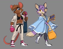 Size: 1173x914 | Tagged: safe, artist:elranno, canine, fox, mammal, mouse, rodent, bag, blue eyes, bottomwear, cape, clothes, female, jacket, looking at you, lovers of aether, male, pants, sketch, smiling, sneakers, tank top, topwear, vixen, yellow eyes