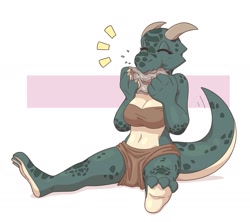 Size: 1579x1402 | Tagged: safe, artist:slightlysimian, fictional species, kobold, reptile, anthro, breasts, clothes, eating, female, horns, loincloth, sitting, solo, solo female, tail