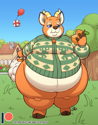 Size: 825x1050 | Tagged: suggestive, artist:nekocrispy, beau (animal crossing), antelope, bovid, cervid, deer, mammal, anthro, unguligrade anthro, animal crossing, nintendo, 2021, balloon, blue eyes, clothes, digital art, eating, fat, food, fruit, fur, grass, hooves, house, hyper, male, morbidly obese, multicolored fur, obese, orange, orange body, orange fur, patreon logo, solo, solo male, standing, sweater, topwear, tree, ungulate, white body, white fur