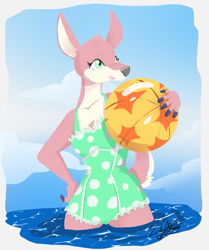 Size: 793x949 | Tagged: safe, artist:luluamore, cervid, deer, mammal, anthro, ball, beach, beach ball, clothes, commission, digital art, female, green eyes, lineless, solo, solo female, spots, stars, summer, swimsuit, water