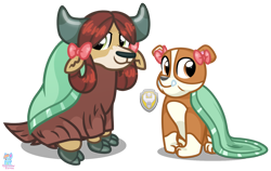 Size: 1596x1007 | Tagged: safe, artist:rainbow eevee, rubble (paw patrol), yona (mlp), bulldog, canine, dog, english bulldog, mammal, yak, friendship is magic, hasbro, my little pony, nickelodeon, paw patrol, badge, bow, brown eyes, cute, duo, duo male and female, fail, female, green eyes, grin, looking at you, male, monkey swings, simple background, sitting, smiling, transparent background