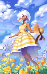 Size: 2598x4096 | Tagged: safe, artist:holivi, bovid, goat, mammal, anthro, unguligrade anthro, chair, clothes, cloud, dewclaw, dress, female, flower, happy, hooves, sky, smiling, solo, solo female, striped clothes, sun hat, sundress, table