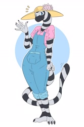 Size: 1503x2258 | Tagged: safe, artist:slightlysimian, reptile, snake, anthro, clothes, female, overalls, shirt, solo, solo female, sun hat, tail, topwear