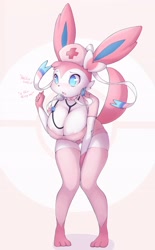 Size: 2206x3549 | Tagged: suggestive, artist:ayzcube, eeveelution, fictional species, mammal, sylveon, anthro, nintendo, pokémon, 2020, areola, areola slip, big breasts, blue body, blue eyes, blue fur, blushing, breasts, butt, cameltoe, clothes, dialogue, ears, eyebrows, eyelashes, female, fur, hat, high res, legwear, medical instrument, multicolored fur, nipple outline, no pupils, nurse, nurse hat, nurse outfit, open mouth, paws, pink body, pink fur, solo, solo female, standing, tail, talking, thick thighs, thigh highs, thighs, tongue, underass, white body, white fur