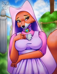 Size: 989x1280 | Tagged: safe, artist:artaccusations, maid marian (robin hood), canine, fox, mammal, anthro, disney, robin hood (disney), 2019, big breasts, black nose, breasts, brown eyes, clothes, cute, ears, eyebrows, eyelashes, eyeshadow, female, holding object, jewelry, looking at you, makeup, necklace, solo, solo female, tail, vixen