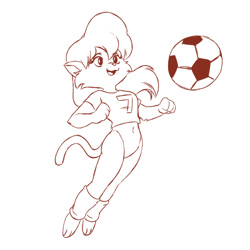 Size: 1200x1200 | Tagged: safe, artist:plague of gripes, cleo (heathcliff), cat, feline, mammal, anthro, digitigrade anthro, cc by-nc, creative commons, heathcliff, ball, clothes, female, line art, monochrome, simple background, soccer, soccer ball, solo, solo female, tail, white background