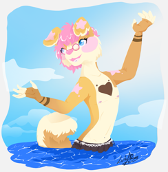 Size: 941x965 | Tagged: safe, artist:luluamore, canine, dog, mammal, anthro, beach, clothes, commission, digital art, glasses, heart, lineless, partially submerged, puppy, round glasses, solo, summer, swimsuit, water, young