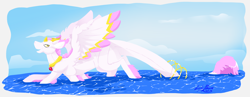 Size: 2534x981 | Tagged: safe, artist:luluamore, oc, oc only, oc:airyuu, animate object, dragon, fictional species, living plushie, feral, beach, commission, digital art, lineless, plushie, rings, solo, summer, water, wings