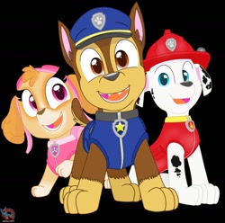 Size: 1280x1268 | Tagged: safe, artist:rainbow eevee, chase (paw patrol), marshall (paw patrol), skye (paw patrol), canine, cockapoo, dalmatian, dog, german shepherd, mammal, feral, nickelodeon, paw patrol, 2020, black nose, clothes, collar, digital art, ears, female, fur, goggles, hat, helmet, looking at you, male, paws, simple background, spotted body, spotted fur, tail, topwear, vest