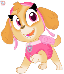 Size: 917x1066 | Tagged: safe, artist:rainbow eevee, skye (paw patrol), canine, cockapoo, dog, mammal, feral, nickelodeon, paw patrol, 2020, black nose, clothes, collar, digital art, ears, female, fur, goggles, looking at you, paws, simple background, solo, solo female, tail, topwear, vest