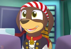 Size: 1280x893 | Tagged: safe, artist:rainbow eevee, arrby (paw patrol), canine, dachshund, dog, mammal, feral, nickelodeon, paw patrol, 2020, bag, bandanna, black nose, clothes, collar, digital art, ears, fur, male, open mouth, paws, solo, solo male, suit, tail