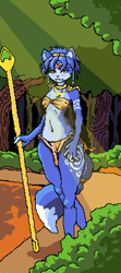 Size: 200x450 | Tagged: safe, artist:nahadon, krystal (star fox), canine, fox, mammal, anthro, nintendo, star fox, 2020, accessories, armor, blue body, blue fur, blue hair, blue tail, body markings, bra, clothes, collar, female, forest, fur, green eyes, hair, headband, jewelry, krystal's staff, loincloth, looking at you, low res, multicolored body, multicolored fur, multicolored tail, necklace, solo, solo female, sunbeam, tail, tail band, tattoo, tree, tribal, tribal armor, tribal markings, tribal outfit, underwear, vixen, white body, white fur, white tail