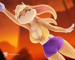 Size: 1280x1021 | Tagged: suggestive, artist:prywinko, lola bunny (looney tunes), lagomorph, mammal, rabbit, anthro, looney tunes, warner brothers, bottomwear, breasts, clothes, crop top, female, shorts, solo, solo female, topwear
