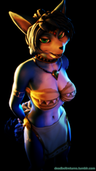 Size: 2160x3840 | Tagged: safe, artist:deadboltreturns, krystal (star fox), canine, fox, mammal, anthro, nintendo, star fox, 3d, black background, blue body, blue fur, blue hair, blue tail, body markings, bra, clothes, collar, female, fur, garry's mod, green eyes, hair, headband, high res, jewelry, loincloth, looking at you, multicolored body, multicolored fur, multicolored tail, necklace, signature, simple background, smiling, solo, solo female, tail, tattoo, text, tribal, tribal markings, tribal outfit, underwear, vixen, white body, white fur, white tail
