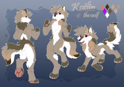Size: 4096x2867 | Tagged: safe, artist:dreamweaverpony, oc, oc only, oc:kothlin, canine, mammal, wolf, anthro, digitigrade anthro, feral, chest fluff, fluff, looking at you, looking back, looking back at you, male, purple eyes, reference sheet, smiling, solo, solo male
