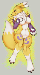 Size: 687x1280 | Tagged: safe, artist:eternityzinogre, fictional species, renamon, anthro, digimon, 2020, armwear, belly button, big breasts, black nose, blushing, body markings, breasts, chest fluff, claws, cleavage fluff, ears, facial markings, featureless breasts, featureless crotch, female, fluff, fur, hand on breast, looking at you, multicolored fur, neck fluff, paws, shoulder fluff, smiling, solo, solo female, tail, tail fluff, thighs, two toned body, two toned fur, white body, white fur, yellow body, yellow fur