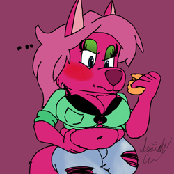 Size: 800x800 | Tagged: suggestive, artist:isaiahtse, oc, oc only, oc:alpine (isaiahtse), canine, mammal, wolf, anthro, blue eyes, blushing, bra, breasts, clothes, eating, fat, female, fur, huge breasts, jeans, magenta body, magenta fur, makeup, pants, ripped jeans, ripped pants, rolled up sleeves, simple background, solo, solo female, tail, torn clothes, underwear, watermark, weight gain