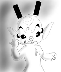 Size: 796x938 | Tagged: safe, artist:thex-plotion, bonnie (lilo & stitch), alien, experiment (lilo & stitch), fictional species, disney, lilo & stitch, 2009, 4 fingers, angry, antennae, censor bar, censored, chest fluff, cross-popping veins, eyelashes, female, fluff, forehead marking, grayscale, gritted teeth, head fluff, looking at you, middle finger, monochrome, simple background, sketch, solo, solo female, teeth, vein, vulgar
