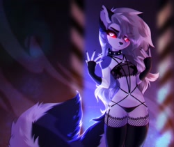 Size: 3760x3171 | Tagged: suggestive, artist:fardros, loona (vivzmind), canine, demon, fictional species, hellhound, mammal, anthro, hazbin hotel, helluva boss, 5 fingers, black body, black fur, black nose, body harness, bra, canid demon, clothes, collar, ears, eyebrows, eyelashes, eyes, female, fingerless gloves, fingernails, fingers, fluff, fur, gloves, gray hair, hair, high res, legwear, lingerie, long hair, long tail, looking at you, multicolored body, multicolored fur, multicolored tail, nipple tape, nudity, panties, partial nudity, pose, red eyes, ring, solo, solo female, spiked collar, spikes, spread fingers, tail, tail fluff, tape, thigh highs, thong, torn ear, underwear, white body, white fur, white hair