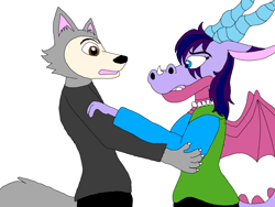 Size: 4032x3024 | Tagged: source needed, useless source url, safe, artist:alphyn adean, legoshi (beastars), oc, oc:adean eris micheals, canine, dragon, fictional species, mammal, wolf, anthro, beastars, dancing, dragoness, duo, female, fur, grey wolf, hair, horns, open mouth, scales, simple background, tail, webbed wings, white background, wings