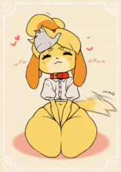 Size: 760x1080 | Tagged: suggestive, artist:borvart, isabelle (animal crossing), canine, dog, mammal, anthro, animal crossing, nintendo, 2d, 2d animation, animated, blushing, breath, clothes, collar, cute, disembodied hand, eyes closed, female, female focus, frame by frame, heart, masturbation, midriff, no sound, open mouth, panties, smiling, solo focus, tail, tail wag, thick thighs, thighs, underwear, webm, wide hips