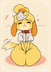 Size: 760x1080 | Tagged: suggestive, artist:borvart, isabelle (animal crossing), canine, dog, mammal, anthro, animal crossing, nintendo, 2d, 2d animation, animated, blushing, breath, clothes, collar, cute, disembodied hand, eyes closed, female, female focus, frame by frame, gif, heart, midriff, open mouth, panties, smiling, solo focus, tail, tail wag, thick thighs, thighs, underwear, wide hips