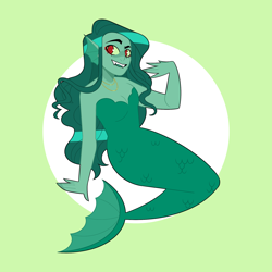 Size: 2048x2048 | Tagged: safe, artist:copiani, oc, oc only, oc:syrena (copiani), fictional species, fish, mammal, mermaid, humanoid, ear fins, ears, fangs, female, fins, fish tail, green background, high res, jewelry, looking at you, necklace, open mouth, sharp teeth, simple background, sitting, solo, solo female, tail, teeth