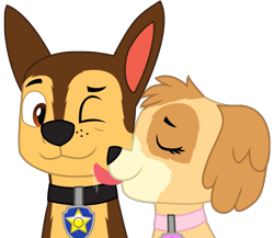 Size: 5769x5010 | Tagged: safe, artist:ejlightning007arts, chase (paw patrol), skye (paw patrol), canine, cockapoo, dog, german shepherd, mammal, feral, nickelodeon, paw patrol, absurd resolution, bust, collar, duo, eyes closed, female, male, male/female, one eye closed, saliva, shipping, simple background, skyechase (paw patrol), tongue, tongue out, transparent background, vector, winking