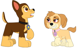 Size: 9476x5914 | Tagged: safe, artist:ejlightning007arts, chase (paw patrol), skye (paw patrol), canine, cockapoo, dog, german shepherd, mammal, feral, nickelodeon, paw patrol, absurd resolution, collar, dreamworks face, duo, female, looking up, male, male/female, open mouth, sharp teeth, shipping, simple background, skyechase (paw patrol), tail, teeth, tongue, transparent background, vector