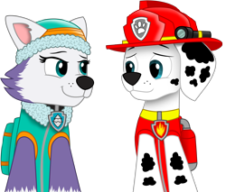 Size: 10879x9267 | Tagged: safe, artist:ejlightning007arts, everest (paw patrol), marshall (paw patrol), canine, dalmatian, dog, mammal, nordic sled dog, feral, nickelodeon, paw patrol, absurd resolution, clothes, collar, duo, female, hat, looking at each other, male, male/female, shipping, simple background, transparent background, vector