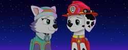 Size: 2803x1095 | Tagged: safe, alternate version, artist:ejlightning007arts, everest (paw patrol), marshall (paw patrol), canine, dalmatian, dog, mammal, nordic sled dog, feral, nickelodeon, paw patrol, clothes, collar, duo, female, gradient background, hat, looking at each other, male, male/female, night, shipping, stars