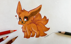 Size: 3748x2339 | Tagged: safe, artist:emberslament, kurama (naruto), canine, fictional species, fox, kitsune, mammal, naruto (series), chibi, colored pencil, cute, cute little fangs, fangs, heart, high res, looking at you, male, multiple tails, solo, solo male, tail, tailed beast, teeth, traditional art
