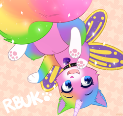 Size: 1567x1477 | Tagged: safe, artist:higglytownhero, felicity (rbuk), arthropod, butterfly, cat, chimera, equine, feline, fictional species, hybrid, insect, mammal, unicorn, feral, nickelodeon, rainbow butterfly unicorn kitty (series), collar, cute, female, horn, insect wings, looking at you, mare, pattern background, paw pads, paws, solo, solo female, stars, tail, upside down, wings