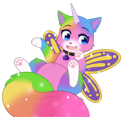 Size: 1768x1705 | Tagged: safe, alternate version, artist:higglytownhero, felicity (rbuk), arthropod, butterfly, cat, chimera, equine, feline, fictional species, hybrid, insect, mammal, unicorn, feral, nickelodeon, rainbow butterfly unicorn kitty (series), collar, cute, female, horn, insect wings, looking at you, mare, paw pads, paws, simple background, solo, solo female, stars, tail, transparent background, wings