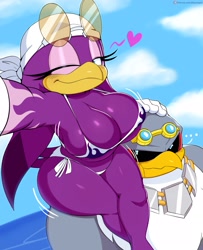 Size: 2028x2498 | Tagged: suggestive, artist:jinusenpai, storm the albatross (sonic), wave the swallow (sonic), albatross, bird, petrel, songbird, swallow, anthro, sega, sonic the hedgehog (series), bandanna, beak, big breasts, bikini, black sclera, blue eyes, breasts, clothes, cloud, colored sclera, duo, eyelashes, feathers, female, glasses, glasses on head, gray body, hand on head, heart, high res, looking at you, love heart, male, micro bikini, motion lines, narrowed eyes, one eye closed, outdoors, purple body, purple feathers, round glasses, selfie, shirt, sitting, sunglasses, sunglasses on head, swimsuit, tail, topwear, white bikini, white swimsuit, winking