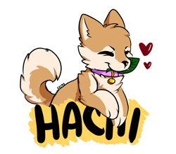Size: 1138x1000 | Tagged: safe, artist:i_am_kat95, canine, dog, mammal, shiba inu, feral, ambiguous gender, brown body, brown fur, collar, cute, eyes closed, fur, heart, holding, leaf, mouth hold, simple background, smiling, solo, solo ambiguous, text, white background