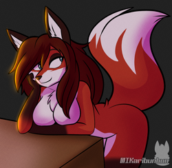 Size: 1400x1365 | Tagged: suggestive, artist:ikaribunbun, canine, fox, mammal, anthro, cc by-nc-nd, creative commons, 2021, arm support, bent over, blue eyes, breasts, brown hair, chest fluff, complete nudity, dipstick tail, ear fluff, eyebrows, eyelashes, featureless breasts, female, film grain, fluff, fur, glistening, gloves (arm marking), gray background, hair, hand on cheek, leaning forward, long hair, looking at you, nudity, orange body, orange fur, simple background, smiling, smiling at you, socks (leg marking), solo, solo female, tail, tail fluff, vixen, white body, white fur