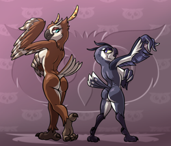 Size: 2100x1800 | Tagged: suggestive, artist:bassybefuddle, longclaw (sonic), bird, bird of prey, owl, anthro, dreamworks animation, kung fu panda, sega, sonic the hedgehog (series), sonic the hedgehog movie, abstract background, beak, bird feet, breasts, brown feathers, butt, colored sclera, complete nudity, covering, covering breasts, cream feathers, crossover, duo, duo female, eyelashes, feathers, female, females only, fenghuang (kung fu panda), frowning, gray feathers, larger female, looking at each other, narrowed eyes, nudity, purple eyes, raised arm, size difference, smaller female, tail, tail feathers, teal eyes, wing hands, yellow sclera