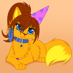 Size: 3158x3160 | Tagged: safe, artist:starshade, oc, oc only, oc:lesik, cat, feline, mammal, feral, 2021, 2d, blue eyes, brown hair, claws, collar, cute, ear fluff, ears, eye through hair, feathers, female, fluff, fur, ginger fur, hair, head fluff, heart, heart eyes, high res, looking at something, orange body, orange fur, paws, simple background, sitting, stars, tail, tail fluff, underpaw, wingding eyes, yellow body, yellow fur