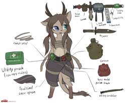 Size: 1637x1347 | Tagged: safe, artist:merqrous, oc, oc only, cat, dragon, feline, fictional species, mammal, anthro, digitigrade anthro, accessories, antlers, blue eyes, bottomwear, breast wraps, brown body, brown fur, brown hair, clothes, english text, front view, fur, gloves (arm marking), hair, heterochromia, horns, knife, long hair, male, paws, reference sheet, simple background, skirt, socks (leg marking), solo, solo male, standing, tail, tan body, tan fur, white background, wraps