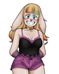 Size: 1600x2000 | Tagged: safe, artist:scamanderbianca, oc, oc only, oc:miss connie, lagomorph, mammal, rabbit, anthro, bipedal, blonde hair, blue eyes, blushing, bottomwear, breasts, bust, cleavage, clothes, collar, cream body, ear fluff, female, fluff, fur, fursona, hair, hands behind back, long ears, long hair, looking at you, shorts, signature, simple background, smiling, solo, solo female, standing, tank top, topwear, transgender, white background, wristband
