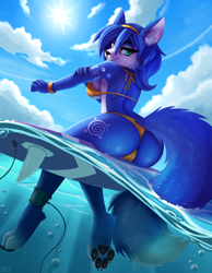 Size: 1200x1546 | Tagged: suggestive, artist:lightly-san, krystal (star fox), canine, fox, mammal, anthro, digitigrade anthro, nintendo, star fox, 2021, adorasexy, big breasts, big butt, bikini, black nose, black paw pads, blue body, blue fur, blue hair, breasts, butt, cameltoe, claws, clothes, cute, cyan eyes, ear fluff, eyebrows, eyelashes, female, fluff, fur, hair, hair accessory, looking at you, looking back, looking back at you, multicolored fur, outdoors, paw pads, paws, sexy, shoulder fluff, smiling, smiling at you, solo, solo female, sun, sunlight, surfboard, swimsuit, tail, tail fluff, thighs, two toned body, two toned fur, underpaw, vixen, white body, white fur