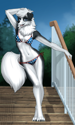 Size: 3000x5000 | Tagged: safe, artist:mykegreywolf, oc, oc only, border collie, canine, collie, dog, mammal, anthro, digitigrade anthro, arm fluff, belly button, bikini, blue eyes, breasts, cheek fluff, clothes, detailed background, eyebrows, eyelashes, female, fluff, fur, gray body, gray fur, hair, hand on head, looking at you, neck fluff, open mouth, outdoors, sharp teeth, side-tie bikini, solo, solo female, stairs, swimsuit, tail, teeth, white body, white fur, white hair
