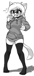 Size: 398x893 | Tagged: safe, artist:alfa995, oc, oc only, oc:queen (alfa995), cat, feline, mammal, anthro, bell, clothes, female, glasses, grayscale, hoodie, legwear, monochrome, round glasses, sketch, solo, solo female, thigh highs, topwear