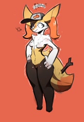 Size: 749x1080 | Tagged: safe, artist:kawwfee, braixen, fictional species, mammal, anthro, nintendo, pokémon, baseball cap, bite, biting, blushing, breasts, cap, chest fluff, clothes, dialogue, female, fluff, hand on hip, hat, headgear, headwear, lip biting, neck fluff, nervous, partial nudity, slim, small breasts, small waist, solo, solo female, starter pokémon, stick, sweat, sweatdrop, tail, tail fluff, talking, thick thighs, thighs, topless, wide hips
