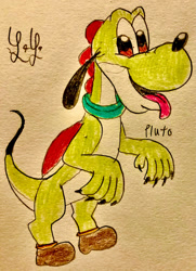 Size: 1280x1765 | Tagged: safe, artist:lugialover249, pluto (disney), yoshi (mario), canine, dog, fictional species, hybrid, mammal, yoshi (species), feral, disney, mario (series), mickey and friends, nintendo, crossover, male, solo, solo male