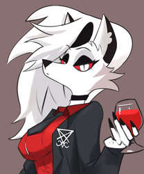 Size: 2500x3000 | Tagged: safe, artist:jesterwing, loona (vivzmind), canine, fictional species, hellhound, mammal, anthro, hazbin hotel, helltaker, helluva boss, 2021, alcohol, black nose, breasts, clothes, colored sclera, crossover, drink, ears, eyebrows, eyelashes, eyeshadow, female, fur, gray body, gray fur, hair, high res, long hair, makeup, multicolored fur, necktie, red sclera, solo, solo female, torn ear, white body, white eyes, white fur, white hair, wine, wine glass