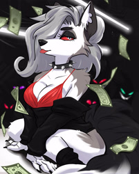 Size: 2415x3000 | Tagged: safe, artist:jesterwing, loona (vivzmind), canine, demon, fictional species, hellhound, mammal, anthro, hazbin hotel, helluva boss, 2021, big breasts, black nose, blep, breasts, butt, cleavage, clothes, collar, colored sclera, ears, eyebrow piercing, eyebrows, eyelashes, eyeshadow, female, female focus, fluff, fur, gray body, gray fur, gray hair, hair, hair over one eye, high res, kneeling, long hair, makeup, money, multicolored fur, piercing, red sclera, shoulder fluff, smiling, solo focus, spiked collar, tail, tongue, tongue out, torn ear, white body, white eyes, white fur