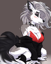 Size: 2415x3000 | Tagged: safe, artist:jesterwing, loona (vivzmind), canine, fictional species, hellhound, mammal, anthro, hazbin hotel, helluva boss, 2021, big breasts, black nose, blushing, breasts, butt, cleavage, clothes, collar, ears, eyebrows, eyelashes, eyes closed, eyeshadow, female, fur, gray body, gray fur, gray hair, hair, high res, kneeling, makeup, multicolored fur, solo, solo female, spiked collar, tail, torn ear, white body, white fur